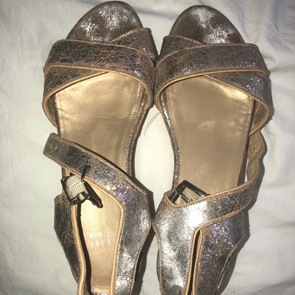 Stuart Weitzman Cracked Metallic Leather Sandals